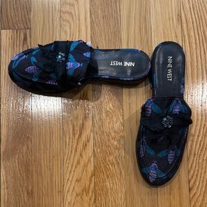 Nine West Black and Blue Floral Mules